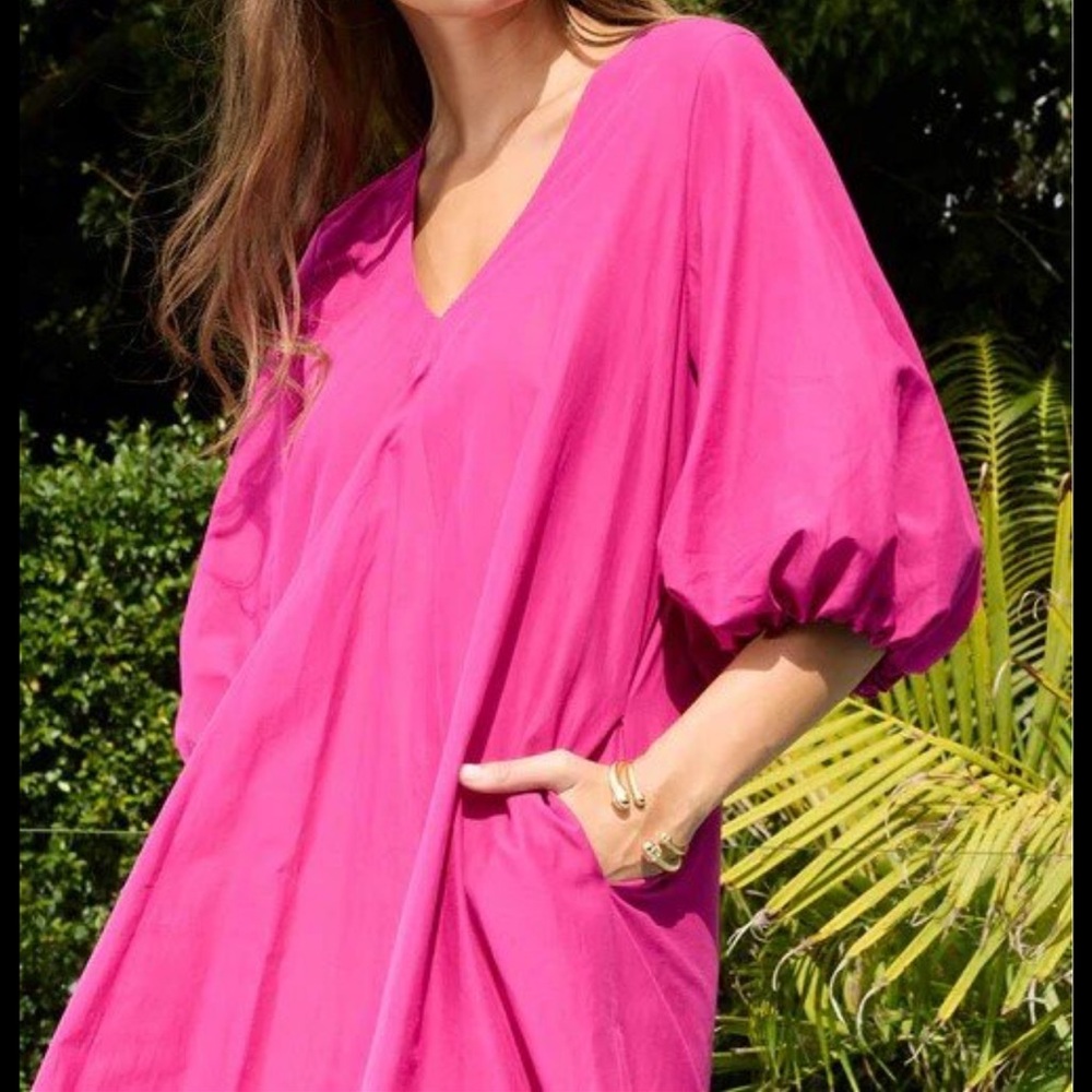 Inclàn Studio Magenta V-Neck Dress with Puff Sleeves